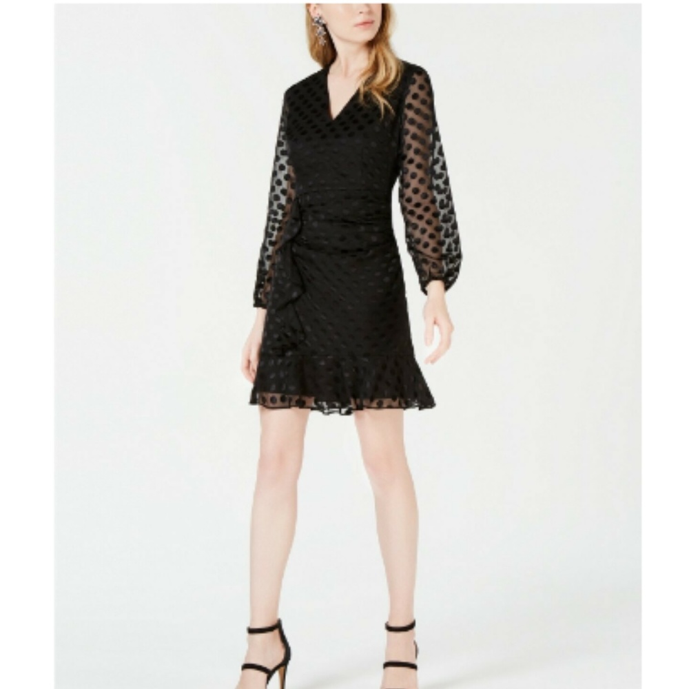 Black Dress Long Sleeve V Neck Ruffle Cocktail Dot